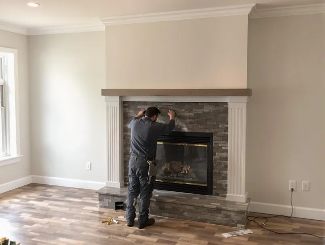 Weddington Chimney Sweep finishing a custom fireplace install in Weddington, NC